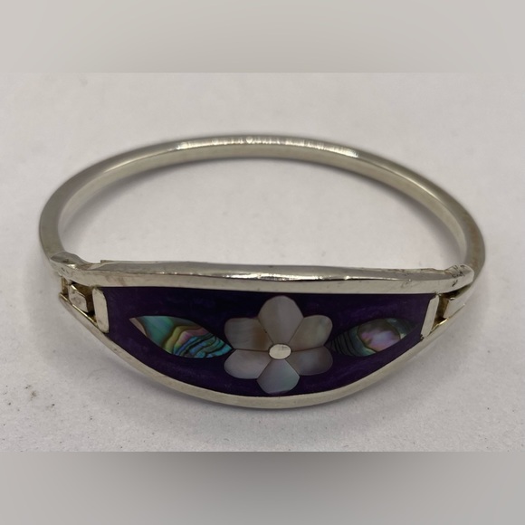 Vintage Signed Alpaca Mexico Silver Inlaid Flower Bangle Bracelet Child - Picture 2 of 9